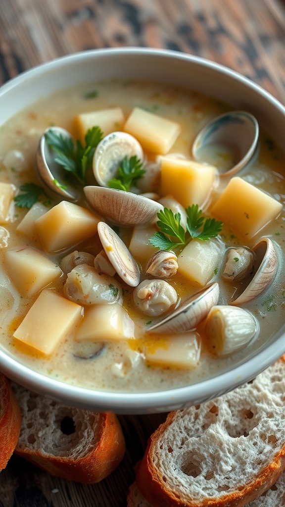 A hearty bowl of clam chowder garnished with parsley, with potatoes and clams visible, served with crusty bread on a wooden table.